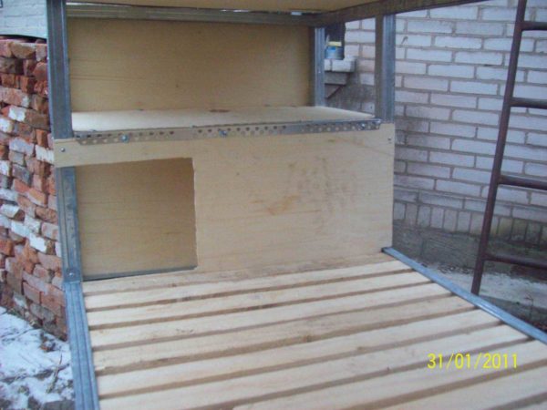 Everything is upholstered with plywood, view from the side of the cage