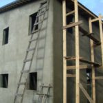 Such scaffolds are inconvenient in that they have to be completely disassembled if it becomes necessary to move them to another wall