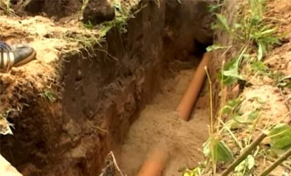 The pipe is laid at the bottom of the trench and covered with sand