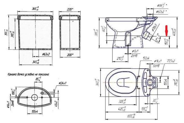 Technical diagram of the toilet bowl with dimensions