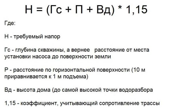 The formula for calculating the pump head