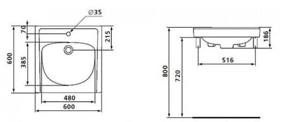 Dimensional drawing of the sink for installation above the washing machine