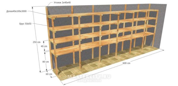 Wooden shelving in the garage - drawing with dimensions