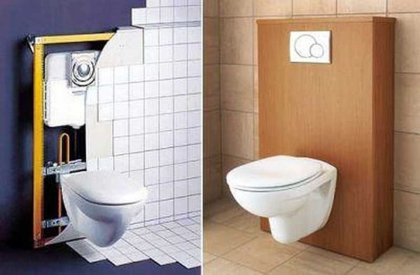 Block installation for a toilet or bidet is fixed to a solid wall