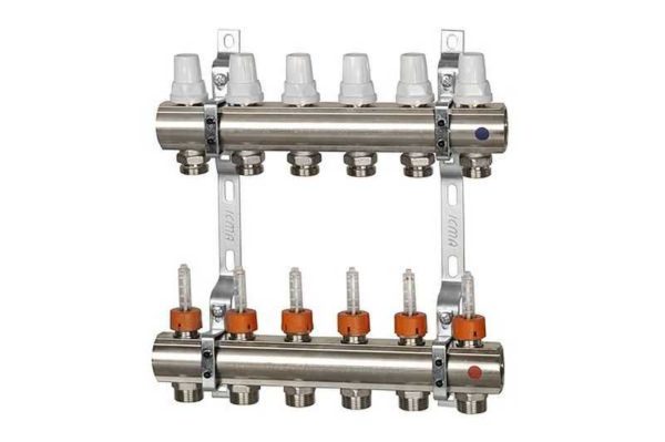 Collector for underfloor heating for 6 circuits