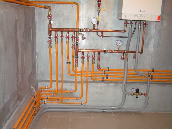 An example of a boiler piping - copper comes first, then polymer pipes