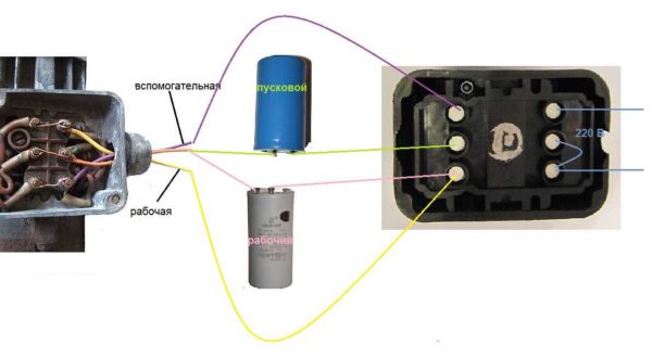 Wiring diagram of a capacitor motor with two capacitors - working and starting