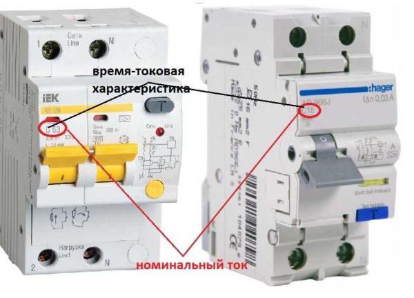 The nominal value of the difavtomat and its time-current characteristic