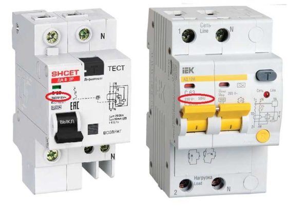 Voltage and frequency for which the differential circuit breaker is designed