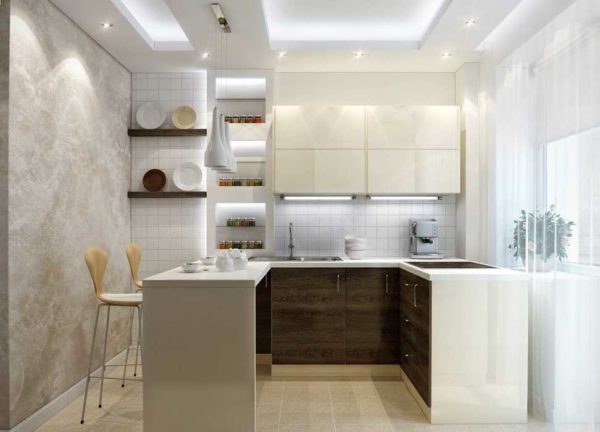 The lighting can be done in a plasterboard ceiling or with a stretch ceiling