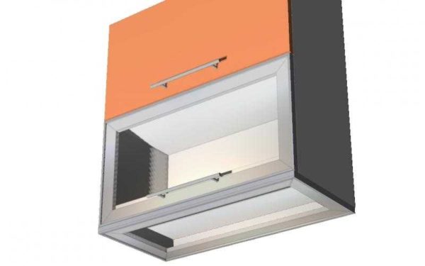 Make a double bottom in the cabinets, install a fluorescent lamp inside, and fix the glass on aluminum corners