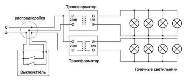 Connection diagram of spotlights to a two-button switch