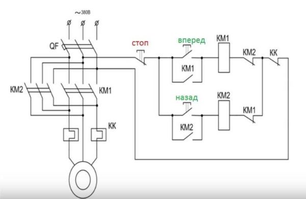 Reversible connection diagram for a three-phase motor through magnetic starters