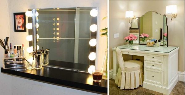 You can install many lamps near the dressing table or two sconces at the level of the upper third of the mirror