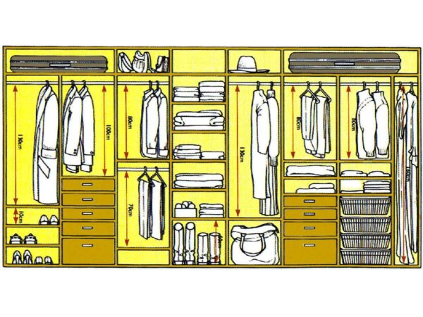 The filling of the sliding wardrobe is developed in each case individually