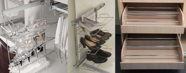 For rational use of space inside the wardrobe, you can install a shoe rack instead of shelves