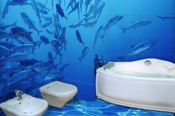 You can customize the bath even using standard materials - photo printing on tiles and self-leveling floors
