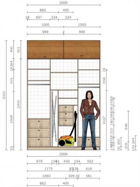Sliding wardrobe in the hallway: plan with dimensions