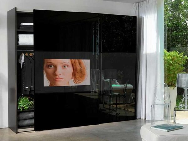 Screen mounted in the door of the wardrobe