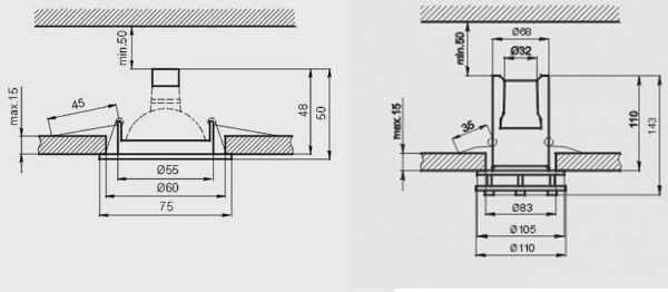 In the first case, it is enough to lower the ceiling by 10 cm, in the second - by 16 cm