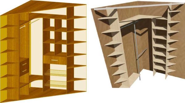 Shelves are made on the sides in a diagonal corner cabinet