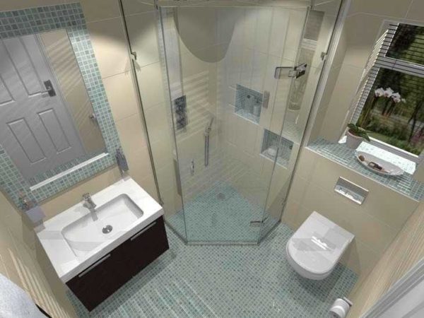 The location of the toilet in a square bathroom of 2 sq. m.