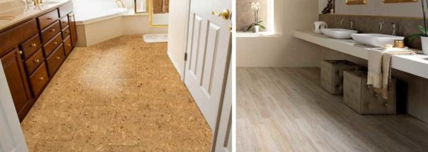 The bathroom floor in a wooden house can be made of cork or PVC tiles.
