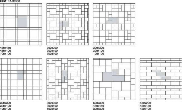 Options for laying tiles in the bathroom on the floor - different sizes and patterns