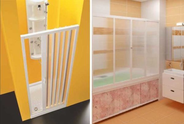 Plastic sliding bath curtains - accordion (left) and frame (right)
