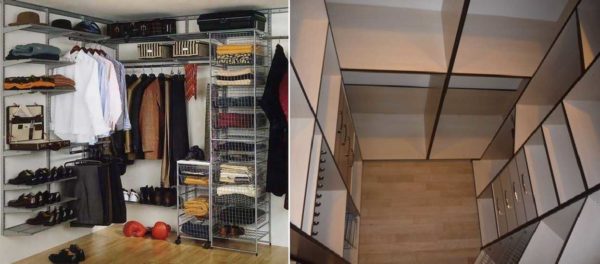 Cloakroom in the closet: wire boxes and shelves or pieces of chipboard