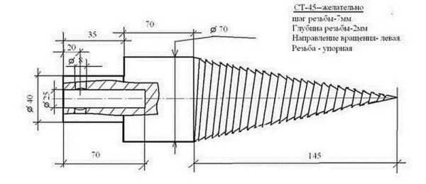 Dimensional drawing of threaded cone for screw wood splitter