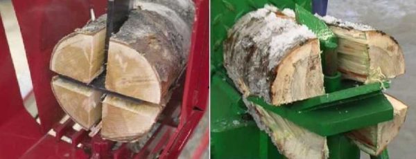 A hydraulically driven cleaver is equipped with a complex cutter, which breaks the block into several logs at once