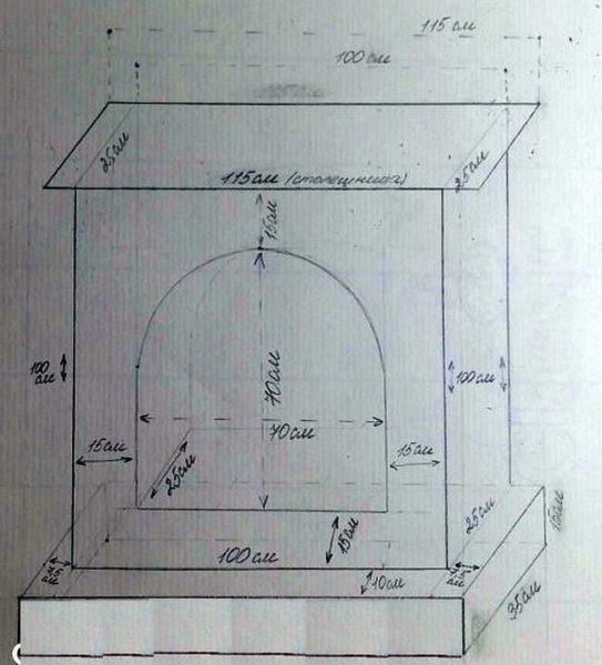 Cardboard fireplace drawing with dimensions