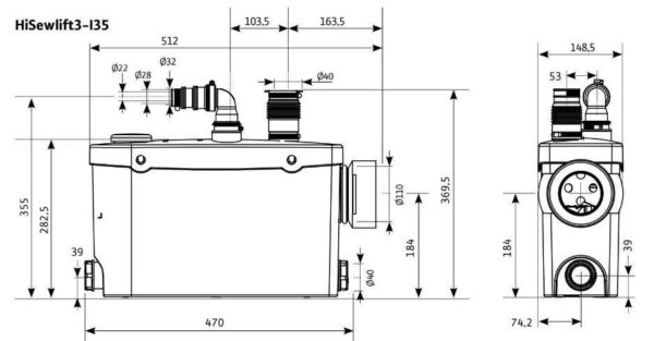 Dimensions of one Willo bathroom pump model