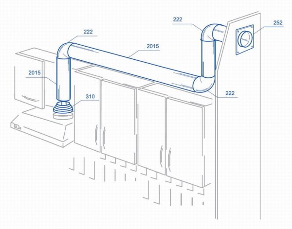 An example of using plastic ducts to connect a kitchen hood