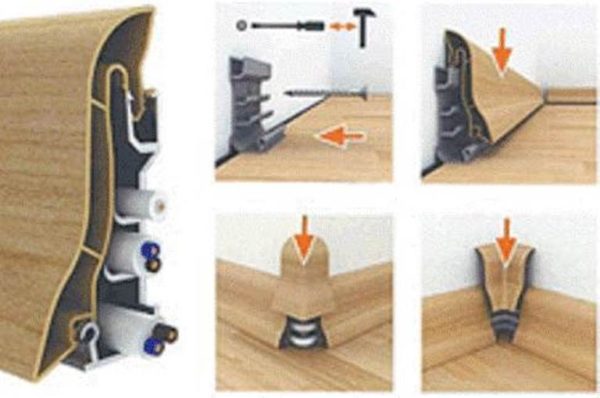 PVC skirting board with separate cable duct is installed in almost the same way