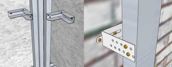 Two ways of fixing the upright profiles to the wall - using a perforated suspension and a piece of profile