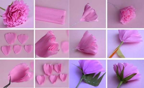 Step-by-step photos of making paper carnations