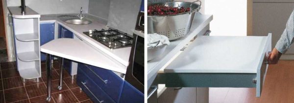 Part of the extendable tabletops can be supported on legs