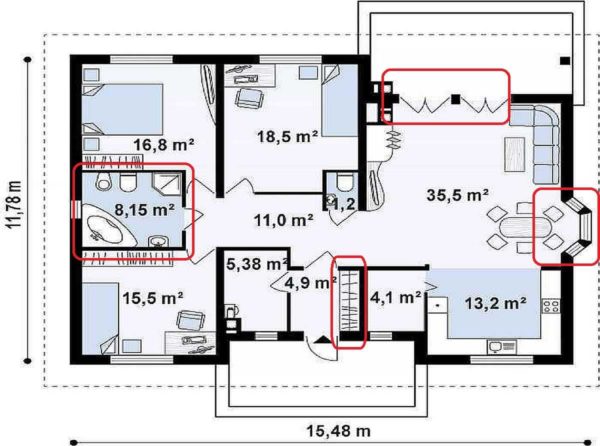 One-storey house with three bedrooms, bay window and terrace