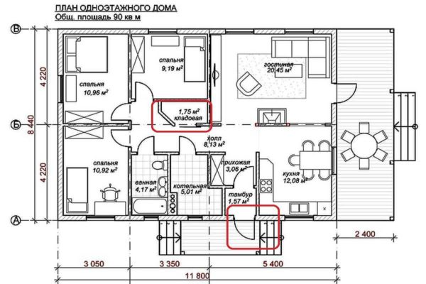 Project of a one-storey house with three bedrooms and a terrace (90 sq. M.)