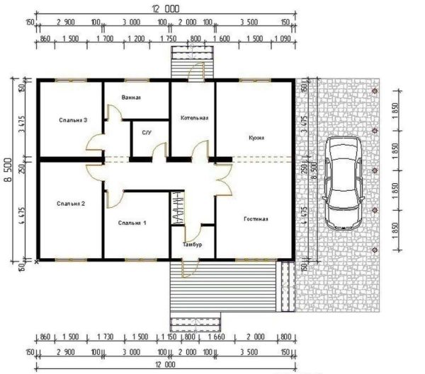 Project of 1 storey house with three bedrooms and a carport