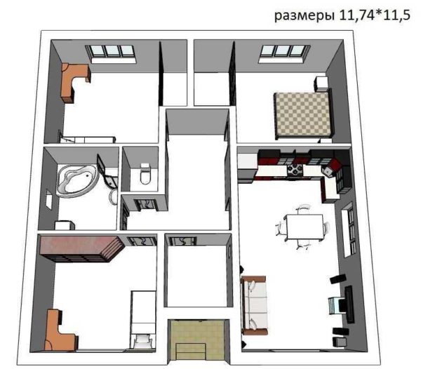 Project of a square one-storey house with three bedrooms