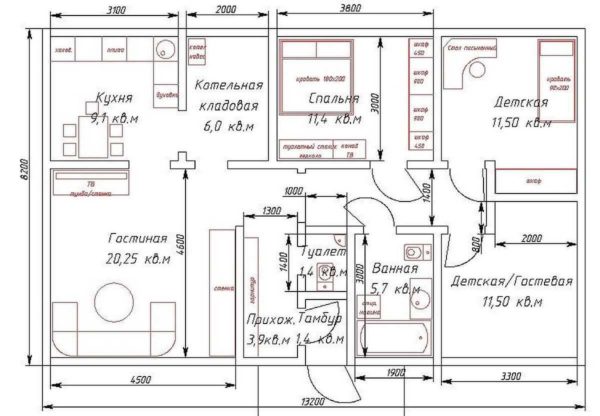 An example of the layout of a one-story house with three bedrooms on 110 square meters