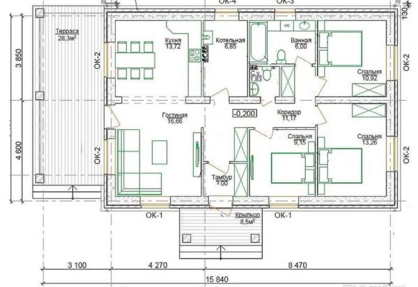 Project of a one-storey house with 3 bedrooms and a terrace
