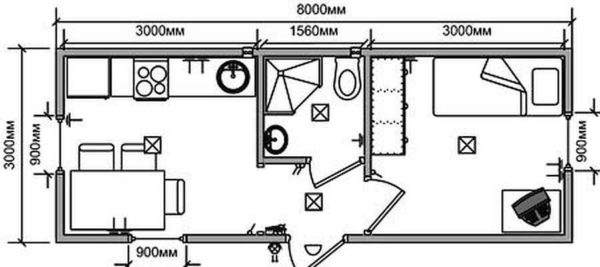 Country two-room change house with toilet and shower 3 * 8 meters. The layout is a traditional vest. It is difficult to warm it