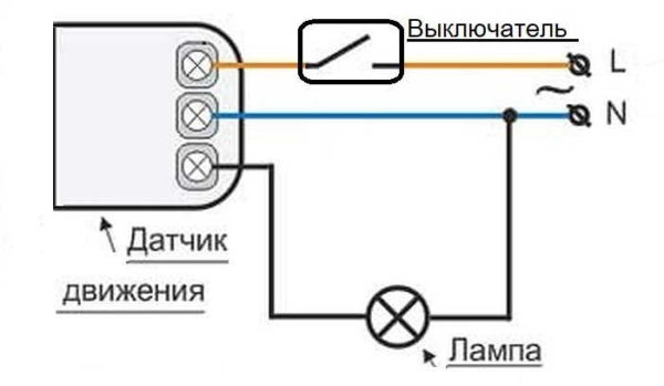 Connection diagram of a motion sensor on the street or in a room with windows. In place of the switch there may be a photo relay