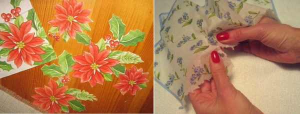 A decoupage napkin is torn if the drawing is small and fragments are cut out if it is large