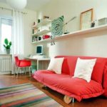 The main one in this interior is milky white, the additional one is brown and beige, accents are green and red