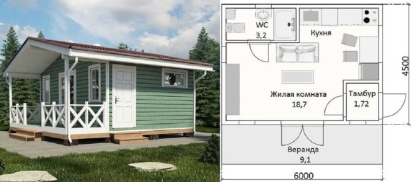 Country house project 6 * 4 with a veranda and a bathroom